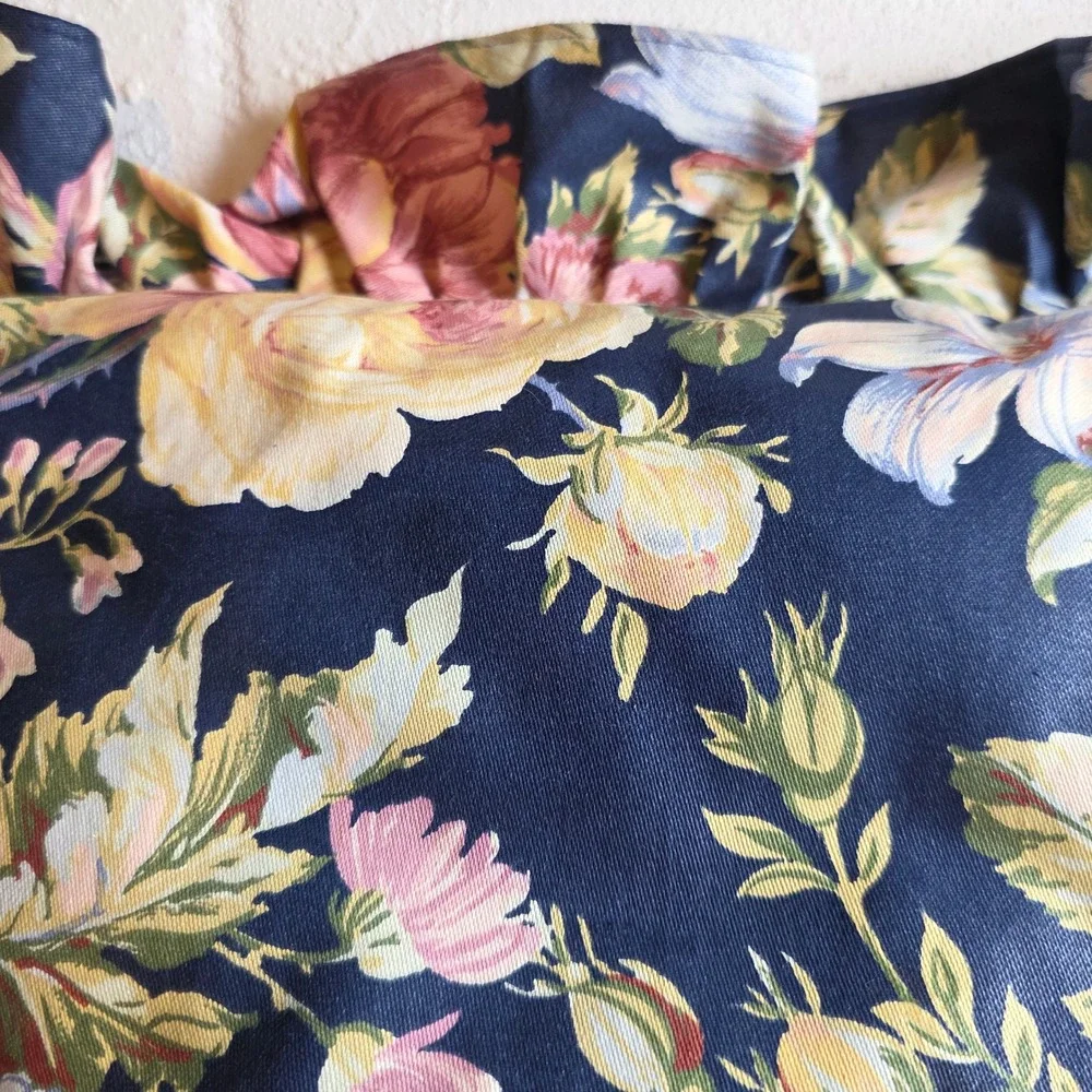 Vintage Floral Ruffled Throw Pillow Navy Blue Pink Botanical Cottagecore